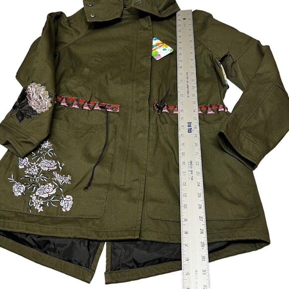 Desigual Jacket 6 Olive Green Parka‎ Victorian Gothic Hooded Embroidered Floral - Picture 4 of 16